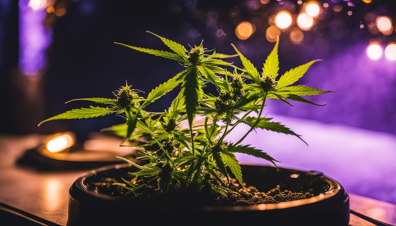 Uma planta de cannabis saudável sob luzes de cultivo, cercada por gotas de água.