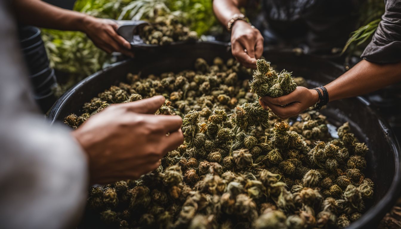 Fotografia de flores de cannabis recém-colhidas sendo enxaguadas em um riacho.