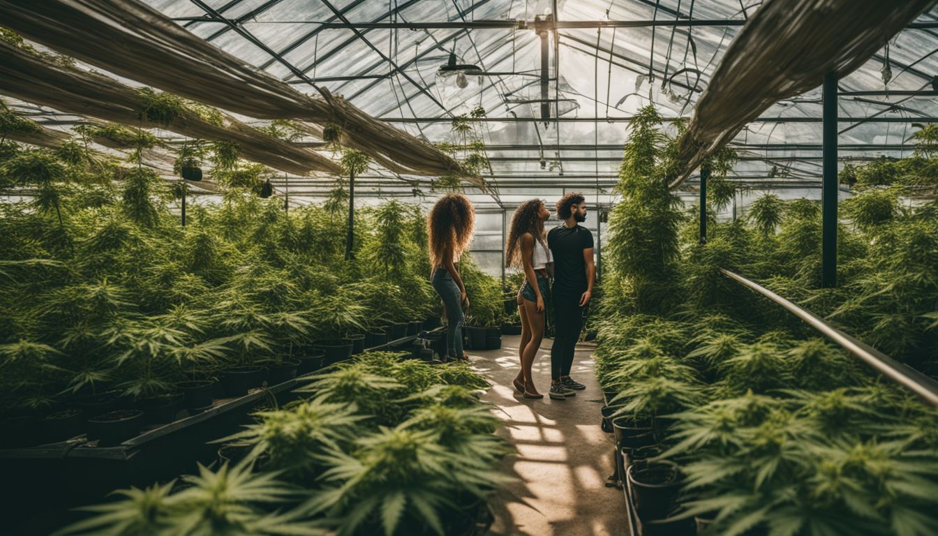 Uma exuberante casa verde cheia de plantas de cannabis prósperas.