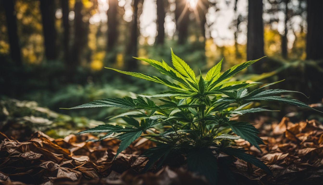 Uma planta de maconha em um ambiente estressado cercada por folhas murchas.