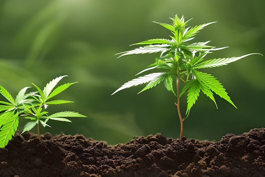 Uma mistura diversa de plantas companheiras ao redor de uma planta de maconha próspera.