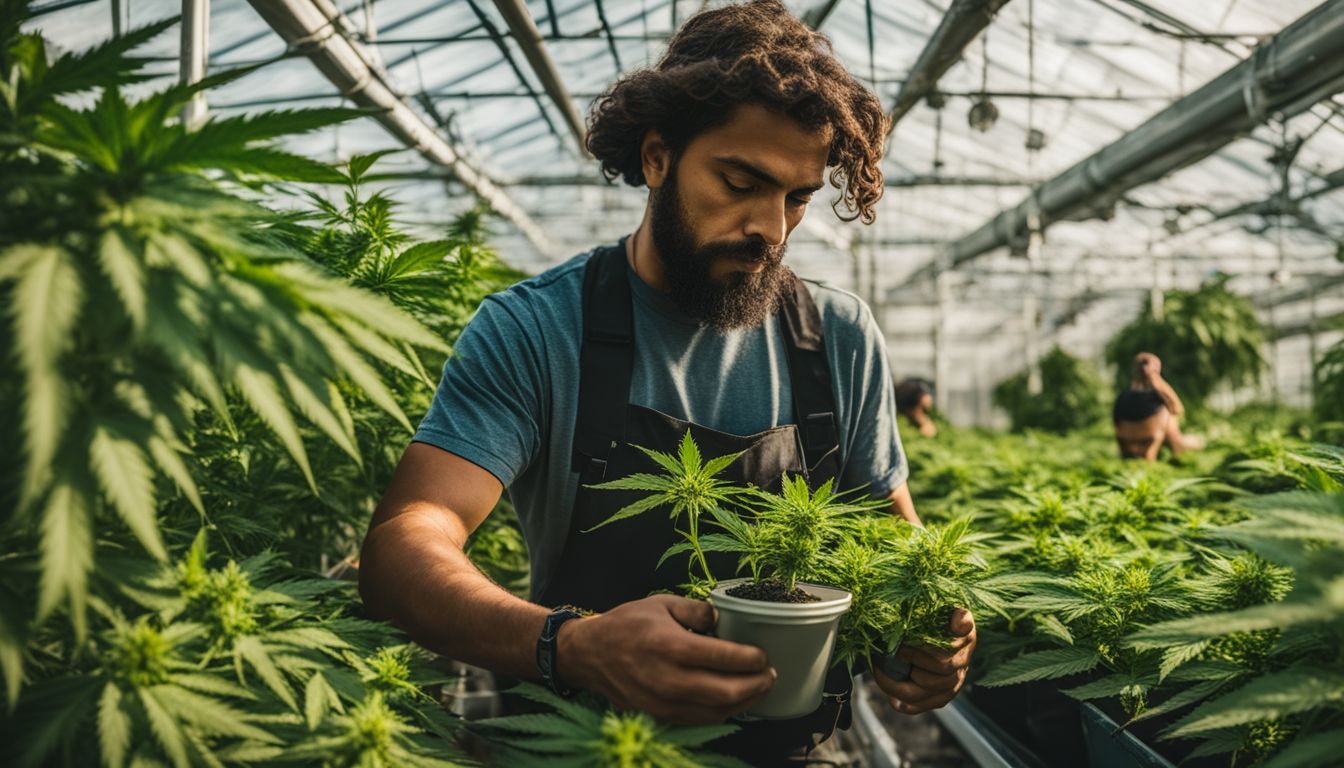 Um cultivador de maconha inspeciona uma planta para detectar sinais de hermafroditismo.