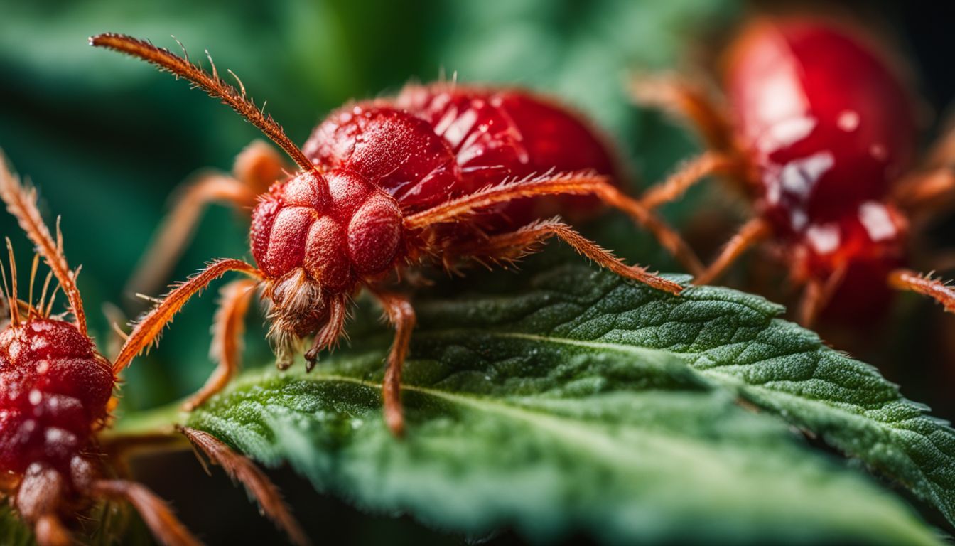 Um close-up de ácaros vermelhos em folhas de maconha.