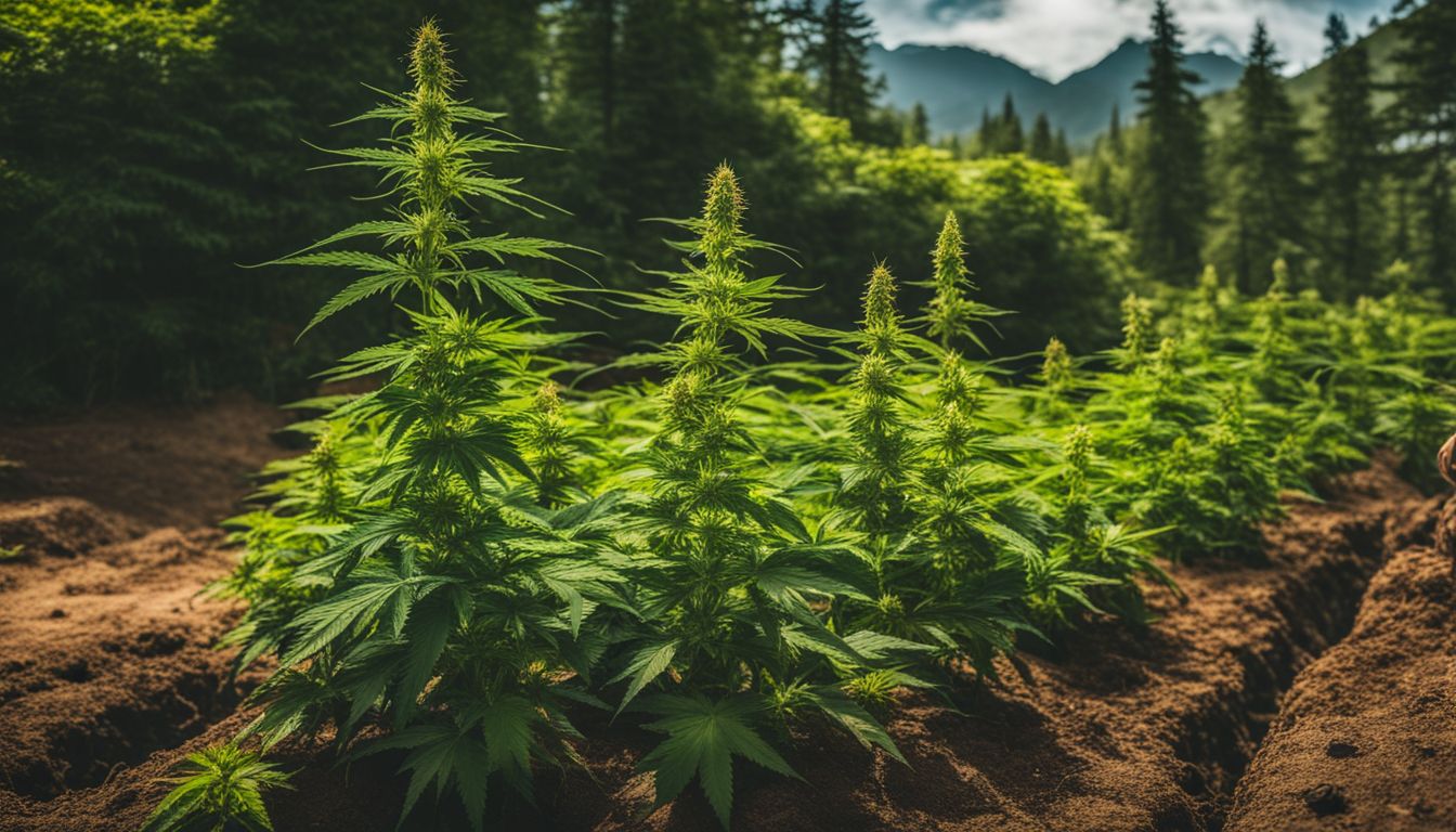 Plantas saudáveis de maconha em solo rico cercado por flores.