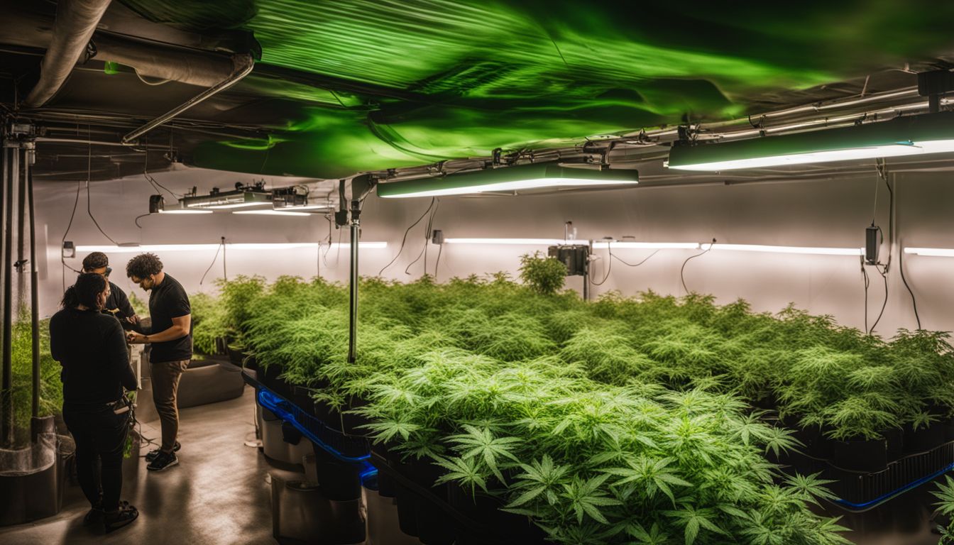 Uma sala de cultivo de cannabis com plantas exuberantes e diferentes pessoas.