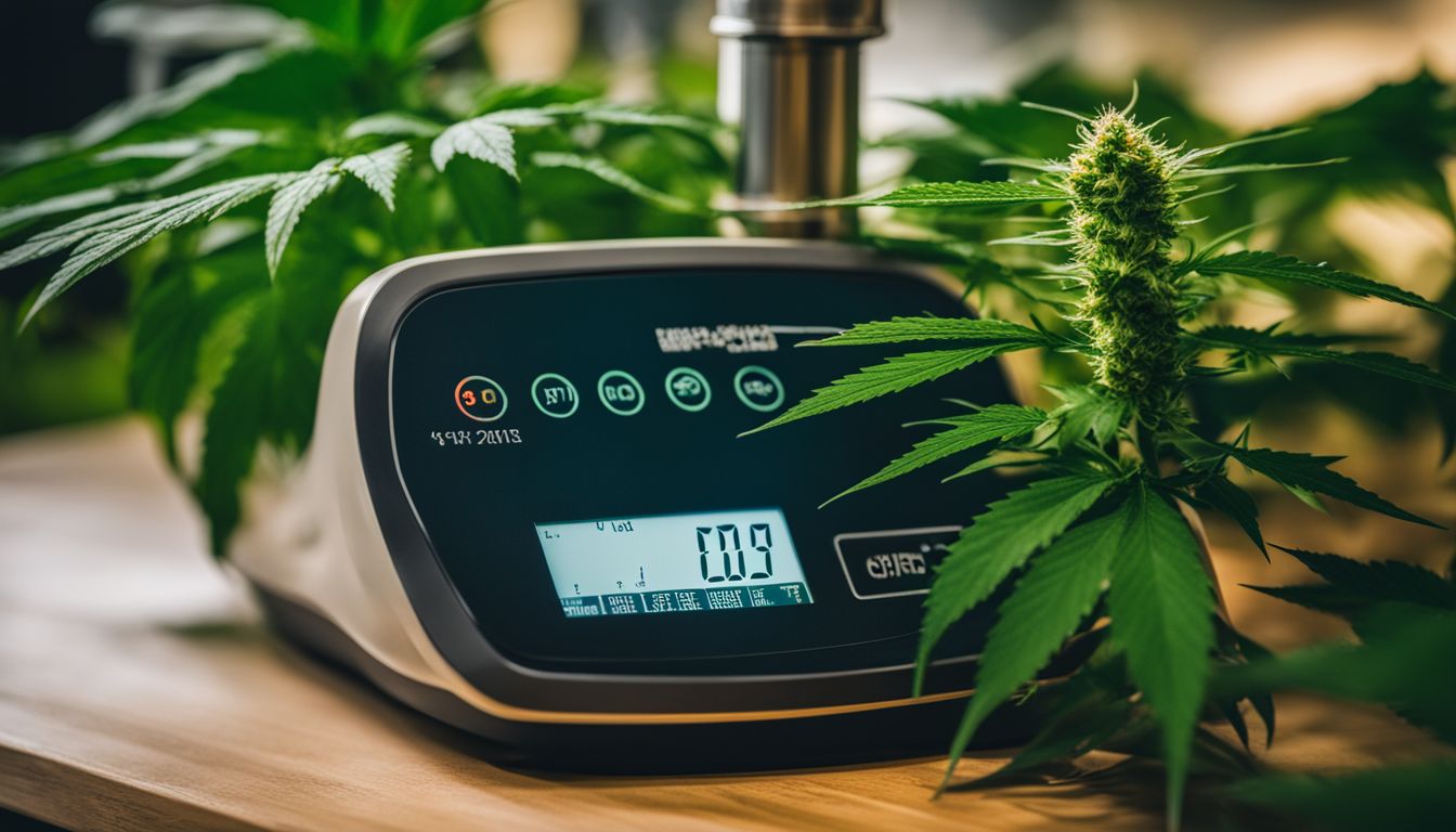 Uma planta de cannabis em uma sala de cultivo interior com uma balança de precisão.