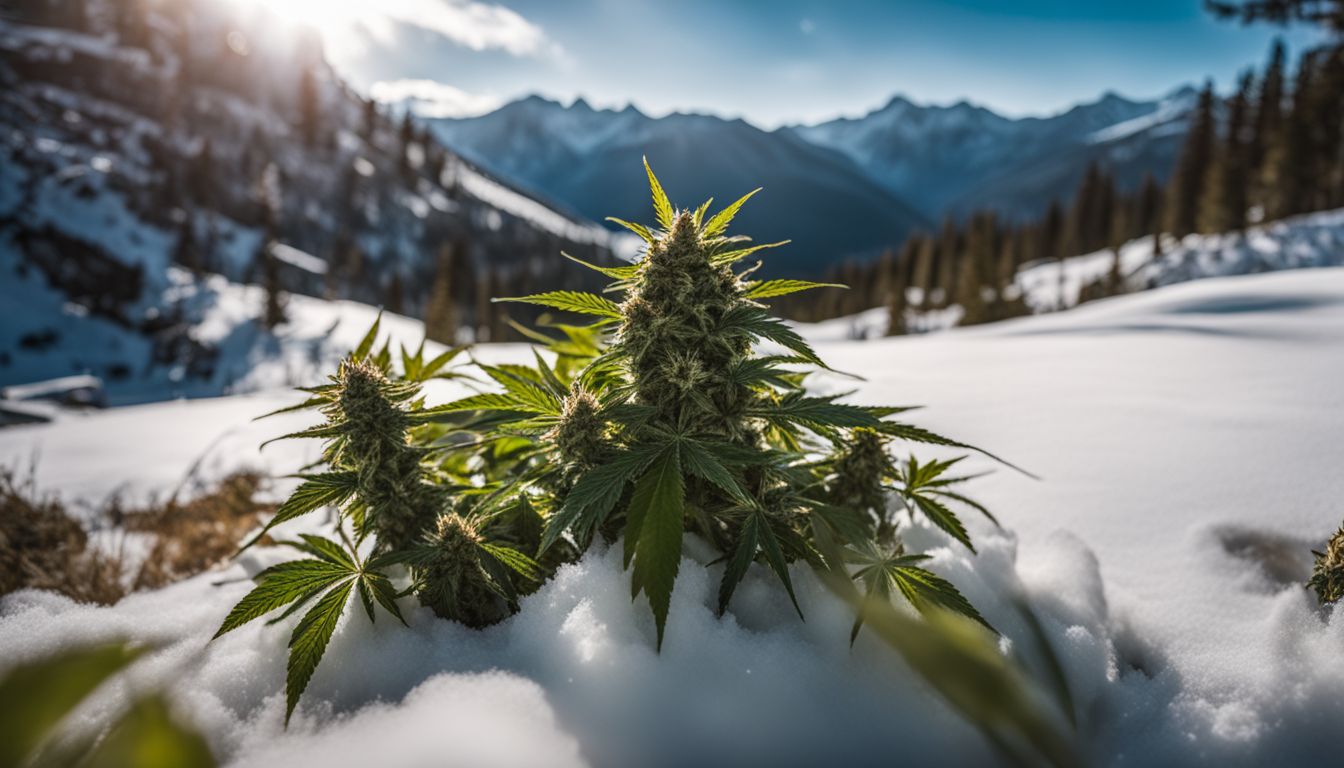 Uma próspera planta de maconha em um ambiente montanhoso coberto de neve.