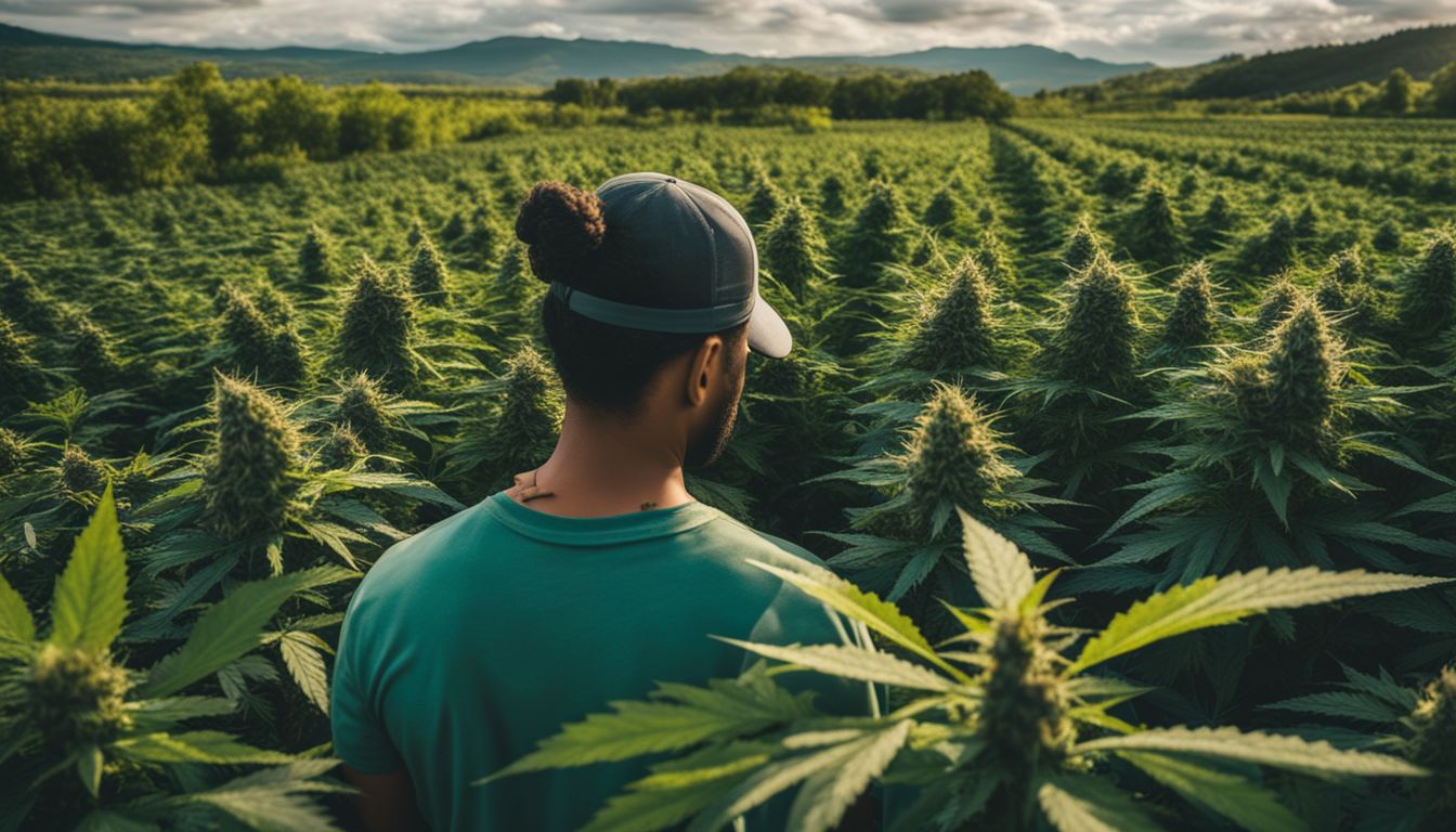 Uma grande plantação de maconha com equipamentos agrícolas industriais.