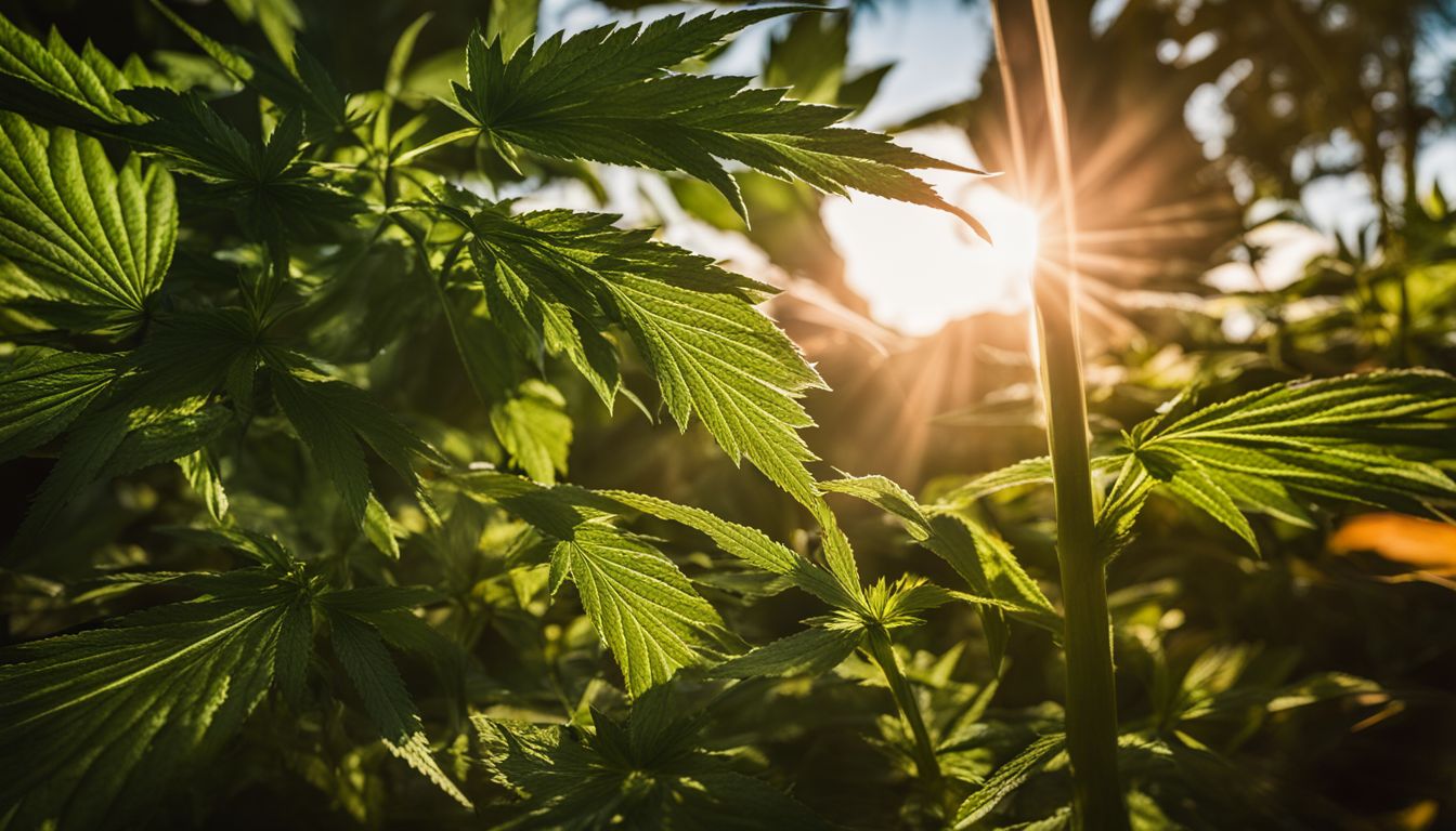 Uma planta de cannabis em um ambiente natural e ensolarado.