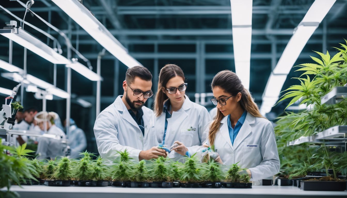 Um grupo de cientistas examina plantas de cannabis em um laboratório moderno.