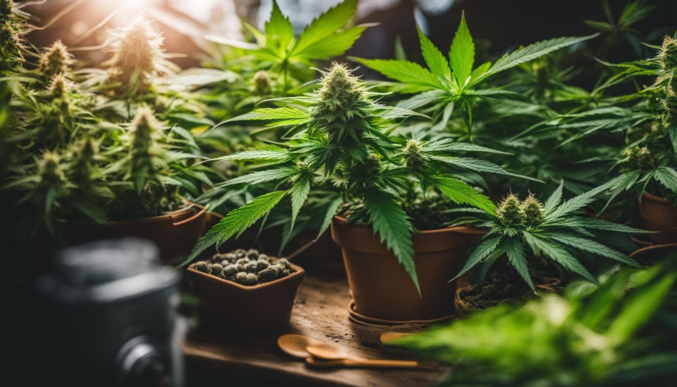 Uma planta de cannabis em diferentes estágios de crescimento com ferramentas de jardinagem.