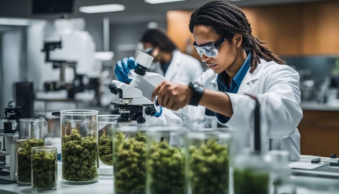 Um cientista examina compostos de cannabis em um laboratório.