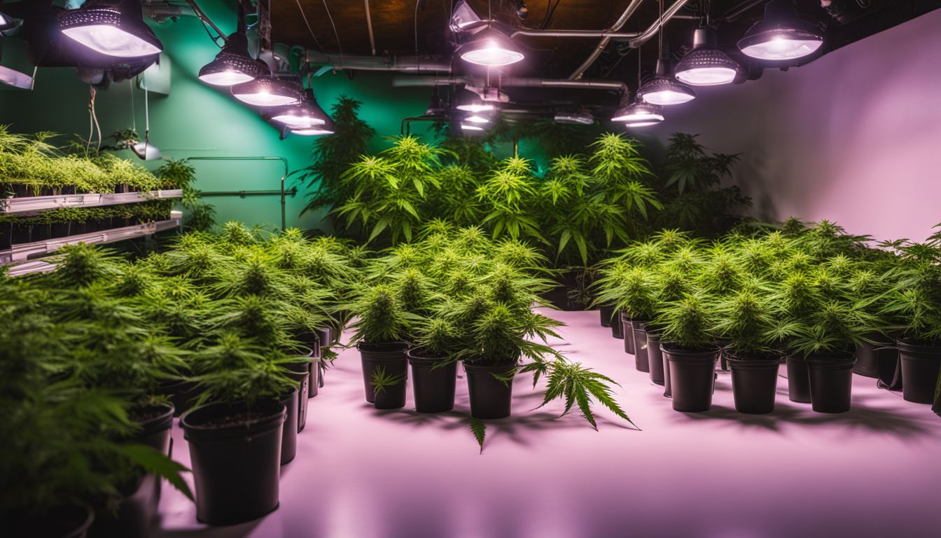 Plantas de cannabis crescendo sob luzes especiais com equipamentos de jardinagem.