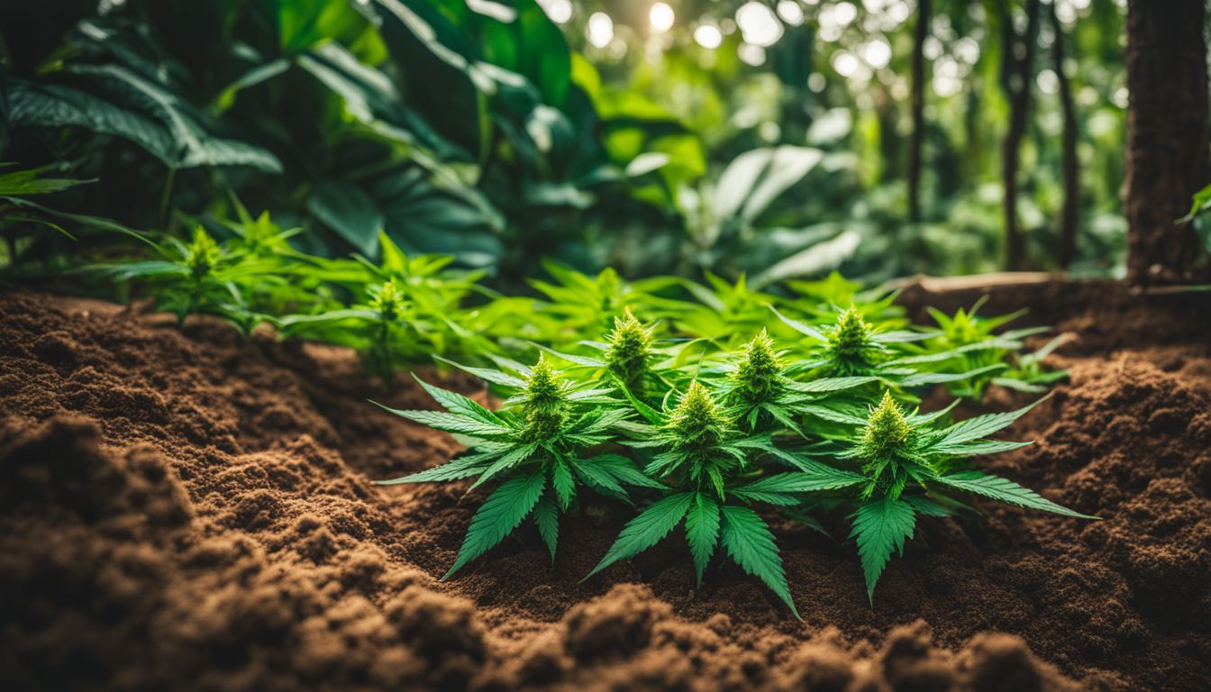 Uma planta de cannabis saudável rodeada de solo nutritivo e vegetação exuberante.