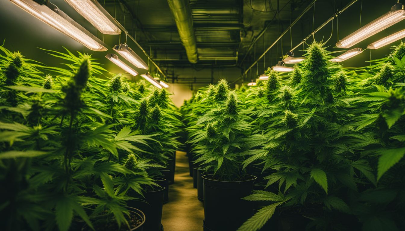 Plantas de maconha saudáveis crescendo sob luzes artificiais.