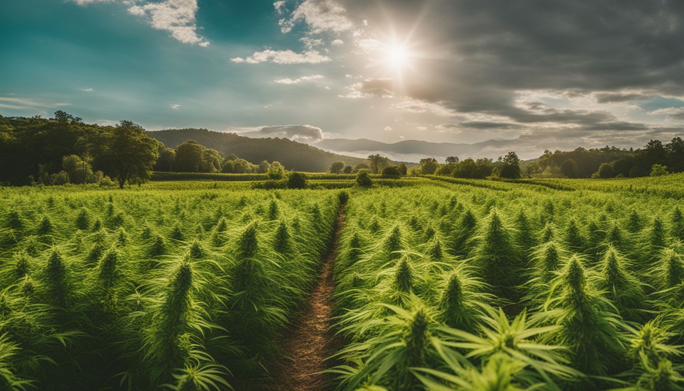 Uma foto de um campo de cânhamo orgânico com plantas verdes vibrantes.