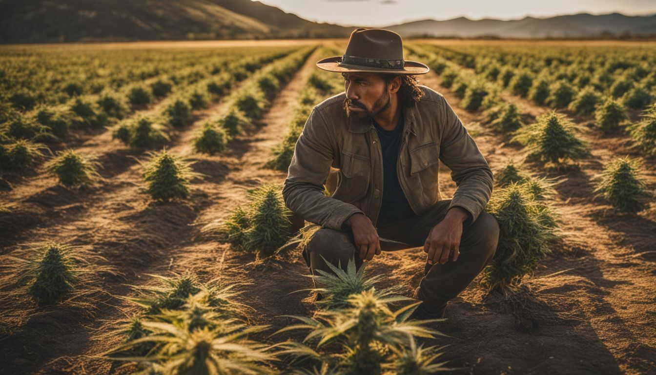 Um agricultor de maconha navega por um campo seco e rachado.