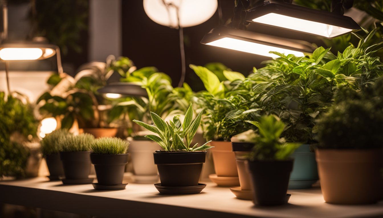 Uma foto de vários tipos de luzes de crescimento com plantas ao fundo.