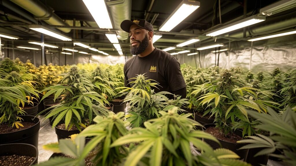 man standing in a cannabis green house